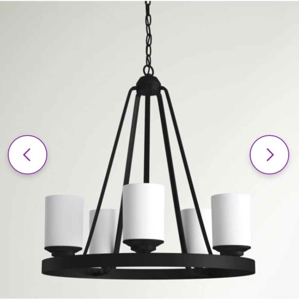Wagon wheel 5 dimmable light chandelier with bulb and ceiling slope included.